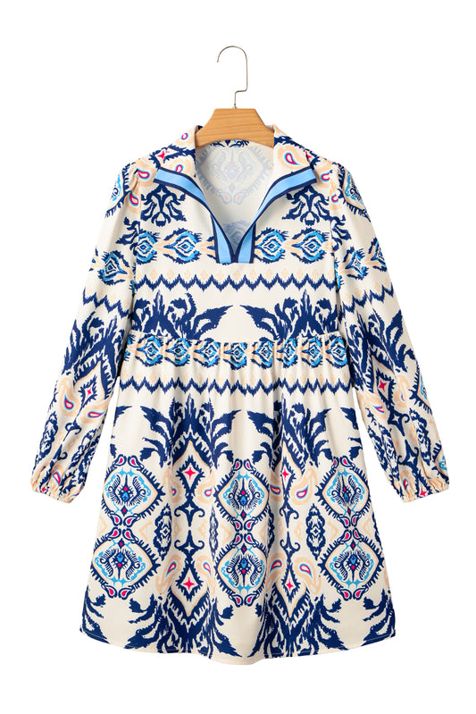 Blue Ethnic Print Pop of Color Neckline Long Sleeve Dress