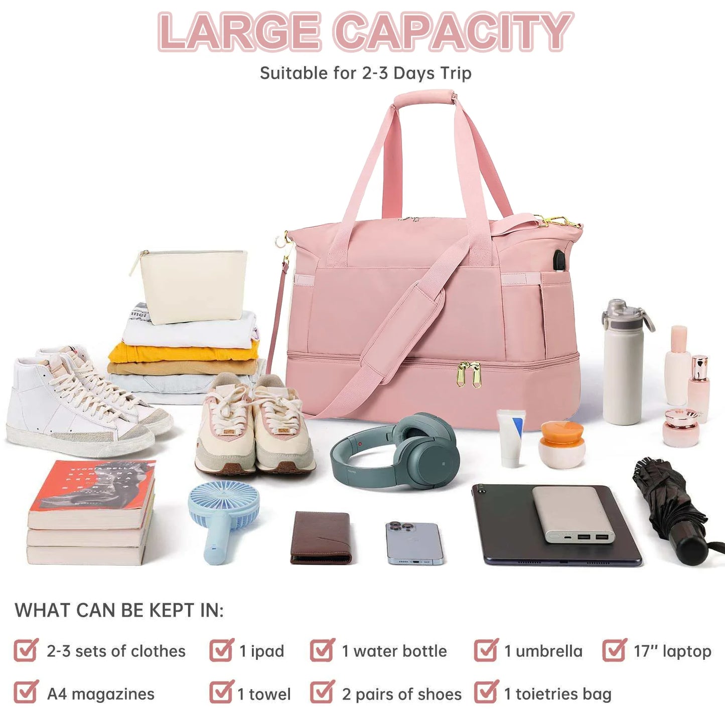 Travel Duffel Bag for Women Gym Bag with USB Charging Port Large Weekender Overnight Bag Yoga Duffle Bags