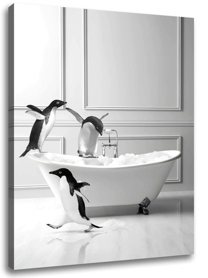 Funny Bathroom Wall Art Decor Modern Wrapped Canvas Prints Black and White Canvas Wall Art Pictures Cute Penguin Bathing Wall Decor Humor Farmhouse Animals Prints Framed Ready to Hang 8"x10"