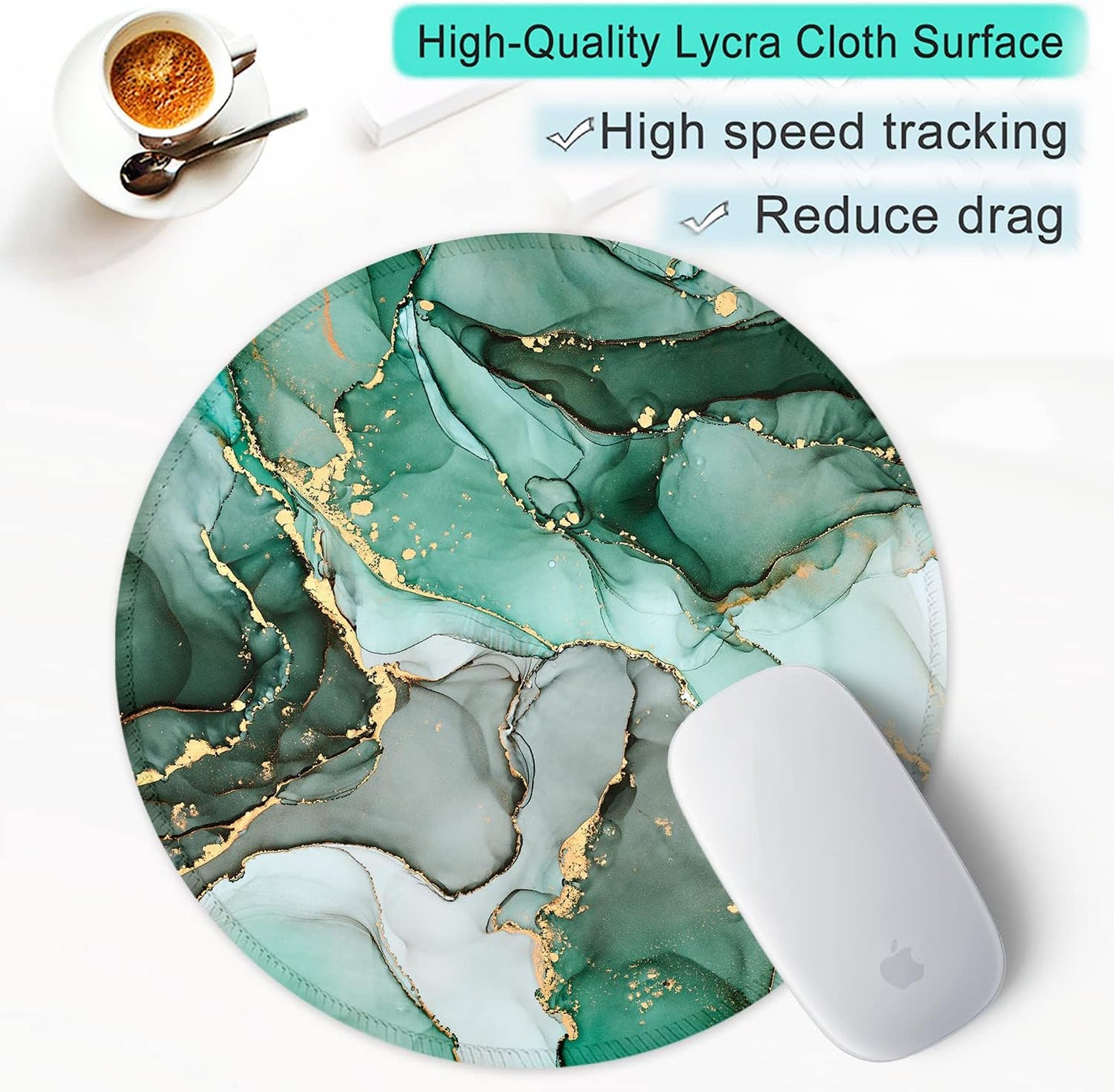  Mouse Pad with Stitched Edge Premium-Textured Waterproof Non-Slip Rubber Base Desktop Protection Mat Diameter 8.7 Inches, Green Marble Texture