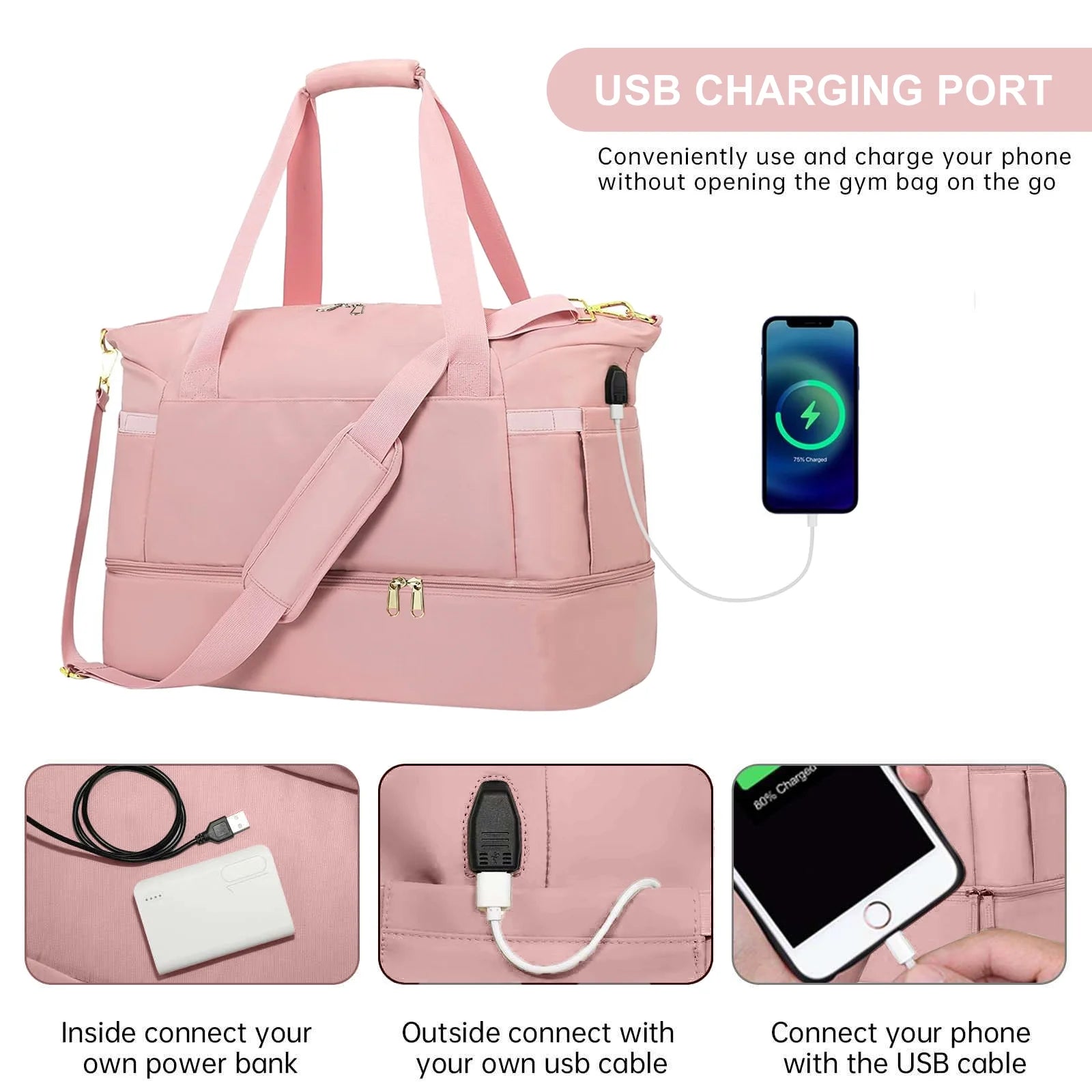 Travel Duffel Bag for Women Gym Bag with USB Charging Port Large Weekender Overnight Bag Yoga Duffle Bags