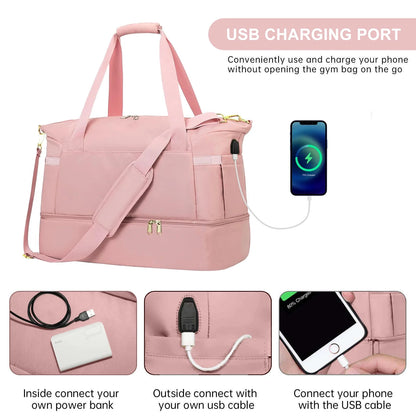 Travel Duffel Bag for Women Gym Bag with USB Charging Port Large Weekender Overnight Bag Yoga Duffle Bags