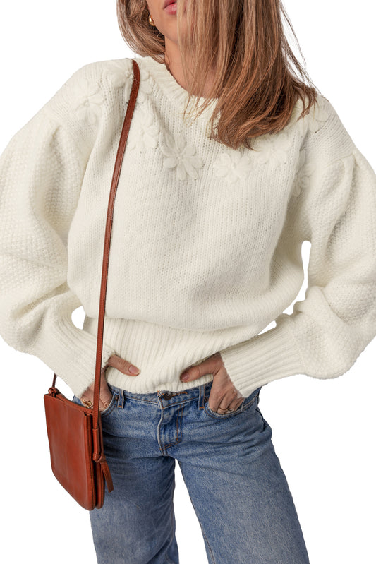 White Flower Detail Round Neck Contrast Textured Puff Sleeve Sweater