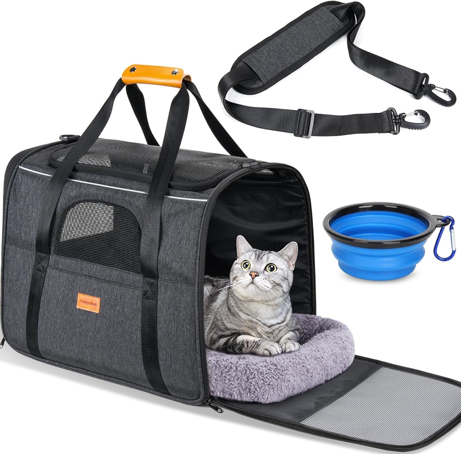 Cat Carrier - Cat Carrier Soft for Medium or Large Cats up to 20Lbs, with Dual-Sided Cushion, Secure Buckle and Foldable Bowl