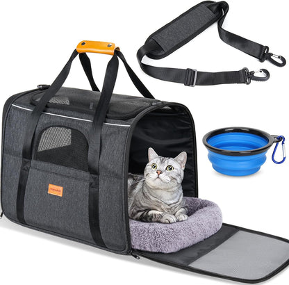 Cat Carrier - Cat Carrier Soft for Medium or Large Cats up to 20Lbs, with Dual-Sided Cushion, Secure Buckle and Foldable Bowl