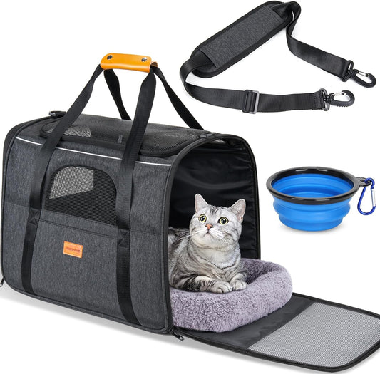 Cat Carrier - Cat Carrier Soft for Medium or Large Cats up to 20Lbs, with Dual-Sided Cushion, Secure Buckle and Foldable Bowl
