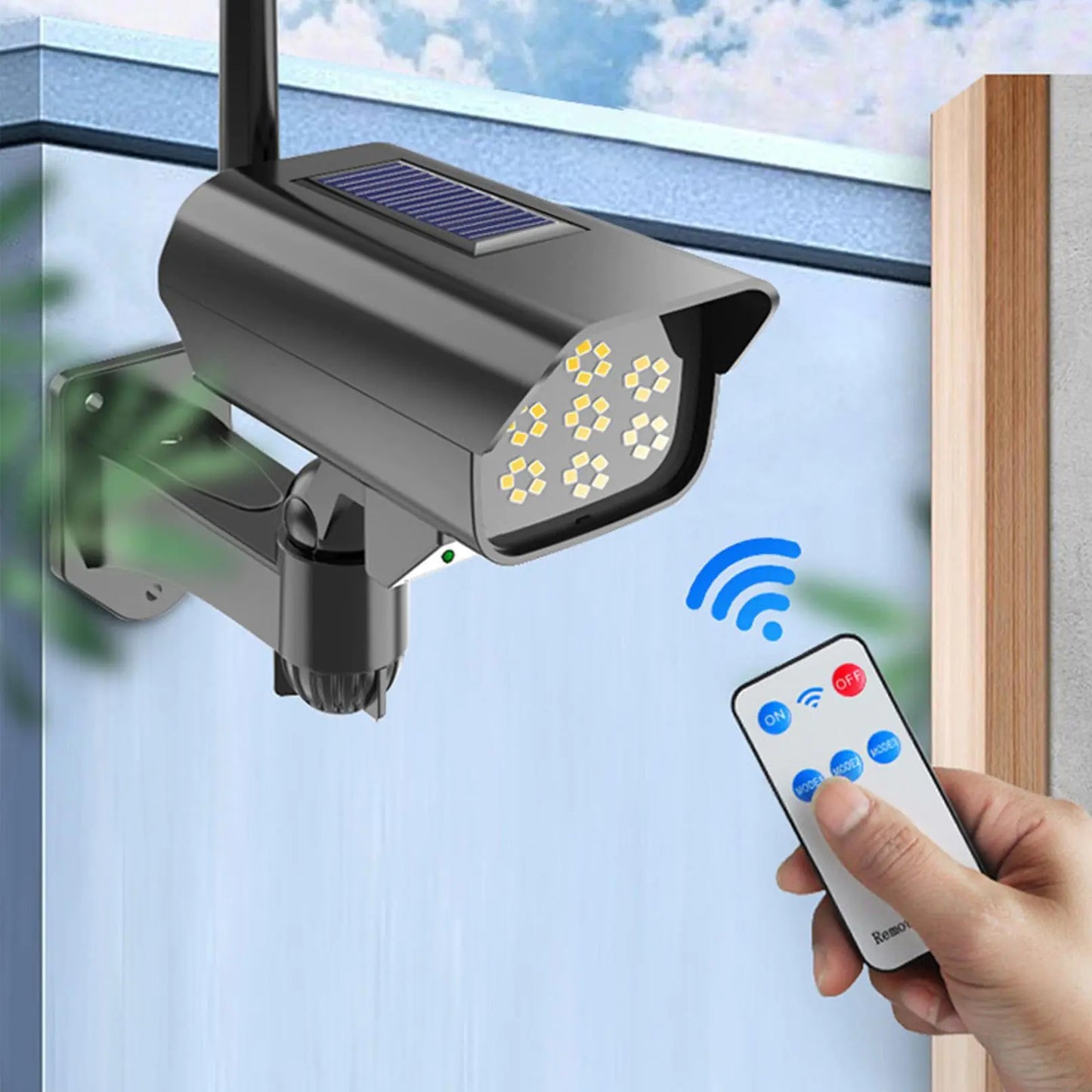 2pc Solar Powered Fake Camera Human Sensor Fake Security Camera with Flashing Led Ip65 Waterproof Dummy Cameras Powered Fake Simulated Camera with Remote Control for Outside Garden Business