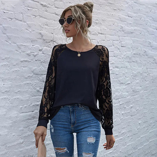 Hollow Lace Long Sleeve Round Neck Sweater for Women