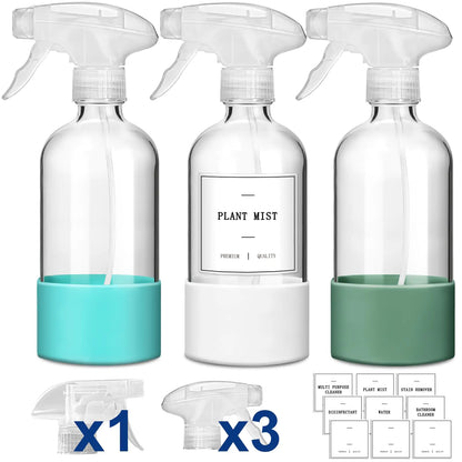 GMISUN Glass Spray Bottles for Cleaning 16oz Reusable Spray Bottles for Cleaning 3Pack Clear Empty Cleaning Bottles with Silicone Sleeve and Labels for Plants - 3pcs Upgraded Nozzles