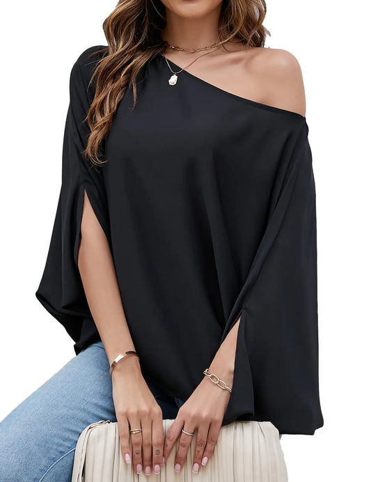 VIMPUNEC Womens Off The Shoulder Flowy Tops Casual Batwing Sleeves Blouses Loose Chiffon Shirts Black