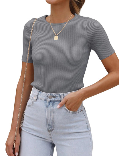 SAMPEEL Tshirts Shirts for Women Casual Summer Tops Short Sleeve Trendy Clothes L Grey