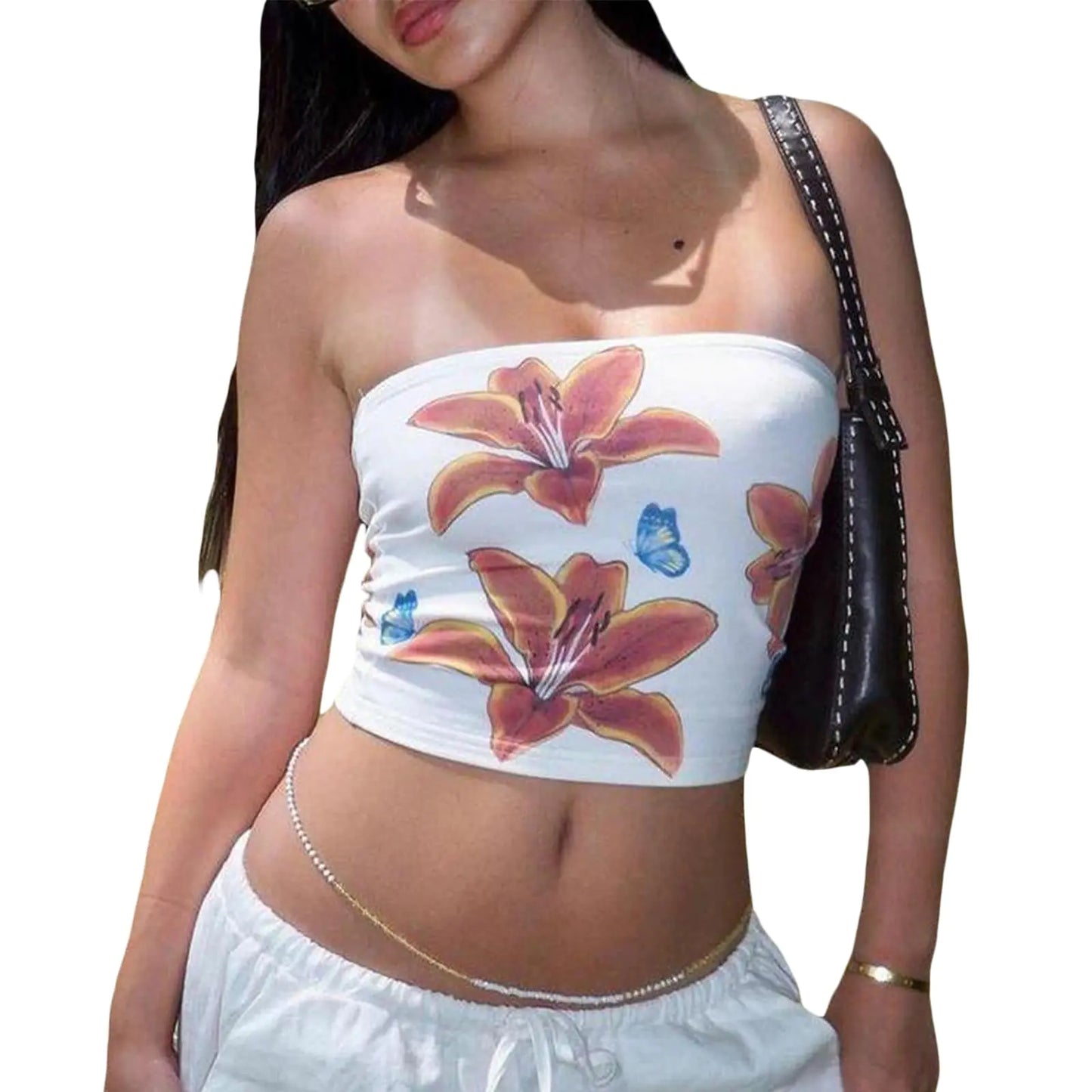 Women Y2k Tube Top Floral Strapless Bandeau Going Out Tops Aesthetic Summer Clothes Flower White M