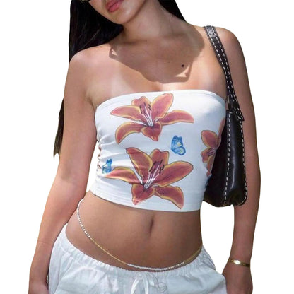 Women Y2k Tube Top Floral Strapless Bandeau Going Out Tops Aesthetic Summer Clothes Flower White M
