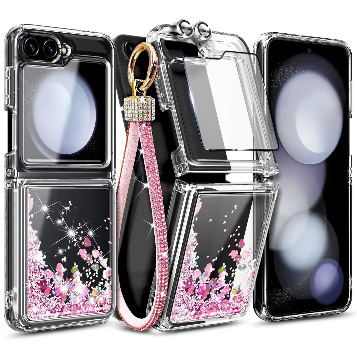 WDHD Designed for Samsung Galaxy Z Flip 6 Case Glitter Floating Liquid Cute Phone Case with [Screen Protector Tempered Glass][Camera Lens Protector][Diamond Wrist Strap Lanyard] Rose Gold