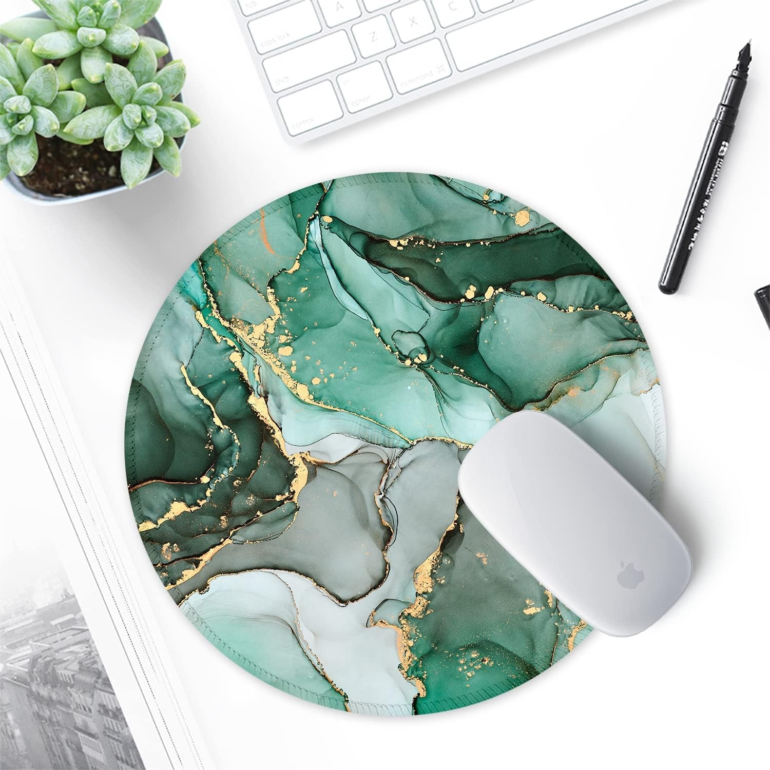  Mouse Pad with Stitched Edge Premium-Textured Waterproof Non-Slip Rubber Base Desktop Protection Mat Diameter 8.7 Inches, Green Marble Texture