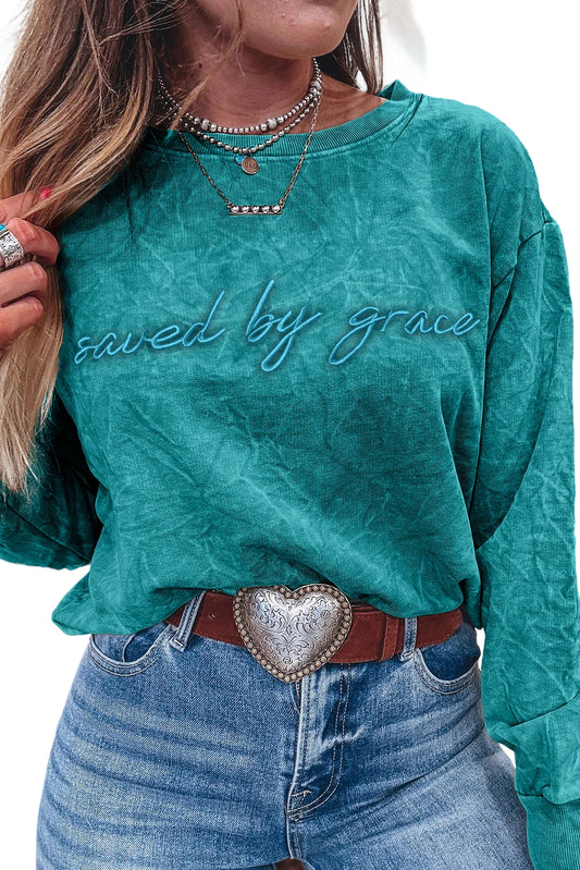 Sea Green  saved by grace Letter Embroidery Mineral Wash Loose Sweatshirt