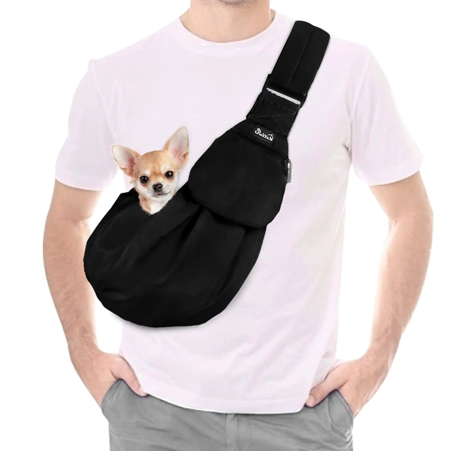 Lukovee Pet Sling Hand Free Dog Sling Carrier Adjustable Padded Strap Tote Bag Breathable Cotton Shoulder Bag Front Pocket Safety Belt Carrying Small Dog Cat Puppy Machine Washable (Black S)