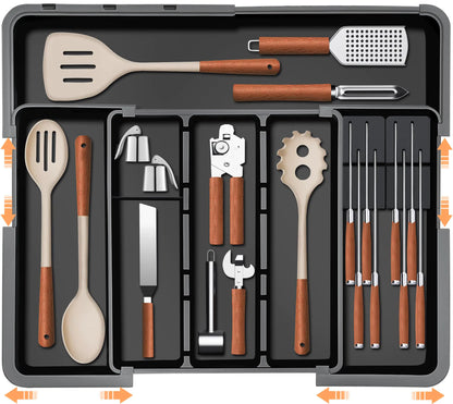 Utensil Drawer Organizer for Kitchen Expandable Silverware Organizer Cooking Tray Large Cutlery and Flatware Holder Kitchen Spatula Tools & Gadgets Storage with Removable Knife blocks Black