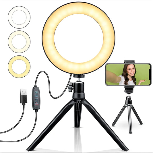 6" Ring Light with Stand & Phone Tripod 11 Brightness Level，Desktop Light for Remote Meeting YouTube Selfie Makeup Live StreamingBusiness Video Call