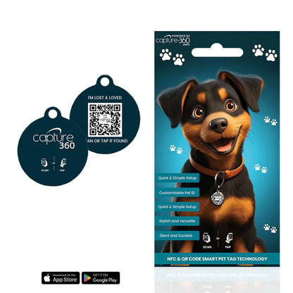 Capture 360 QR Code & NFC Smart Pet ID Tag – Waterproof Durable Customizable Digital ID for Dogs & Cats – Easy Setup Lost Pet Finder Cloud Storage Option