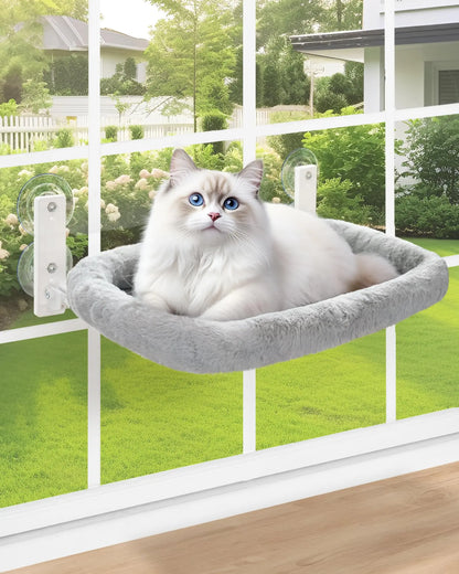 keny Cat Window Perch with Soft Plush Cushion Bed Cordless Cat Window Hammock with 3.54" Larger Suction Cups Easy to Assemble Cat Window Bed Seat for Indoor Cats Grey